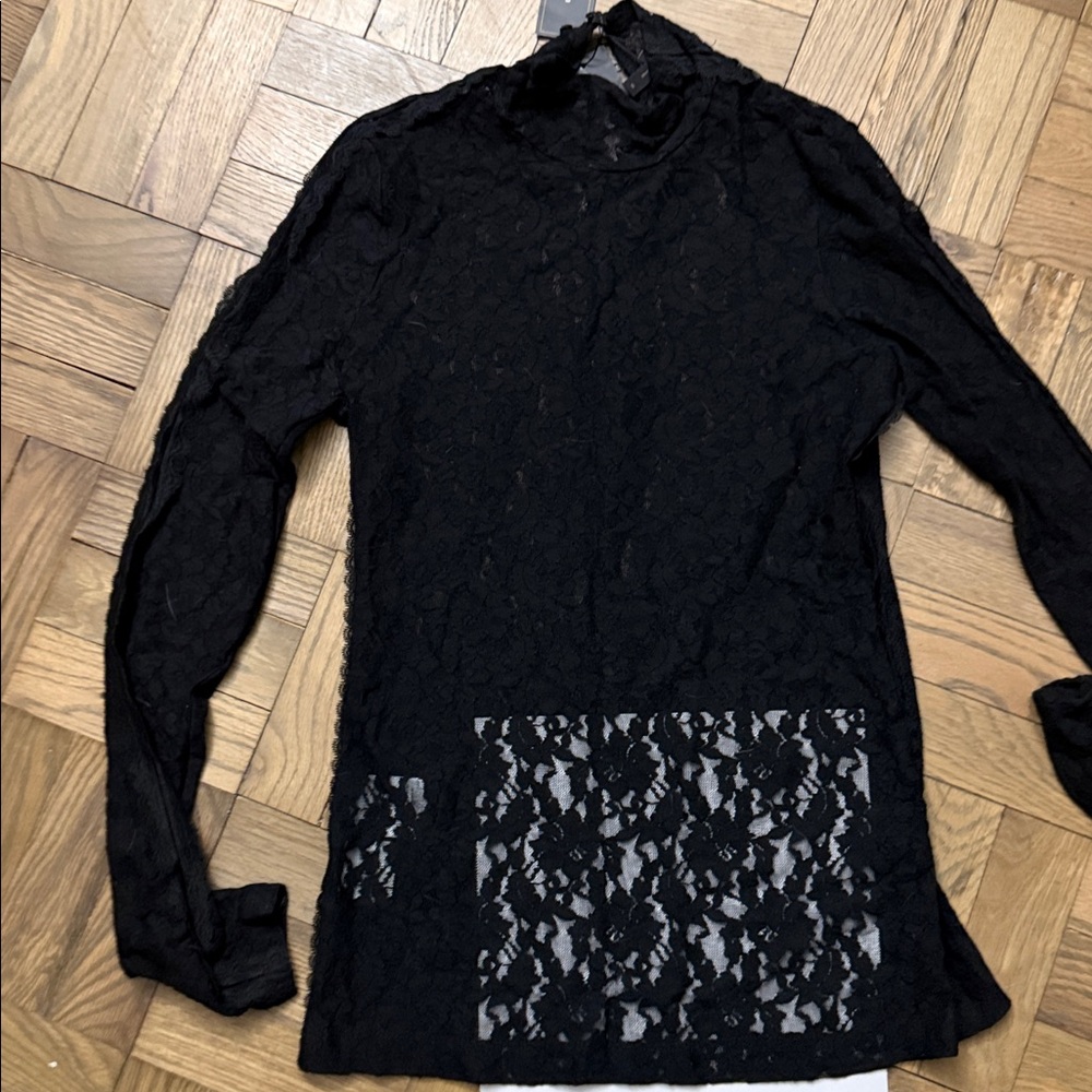 BCBG Black Lace Long Sleeve Top size M see through